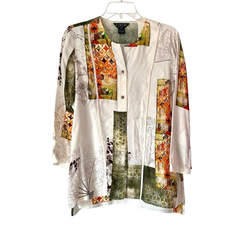 Citron Santa Monica Silk Rayon Blend White Orange Green Print Blouse size PM